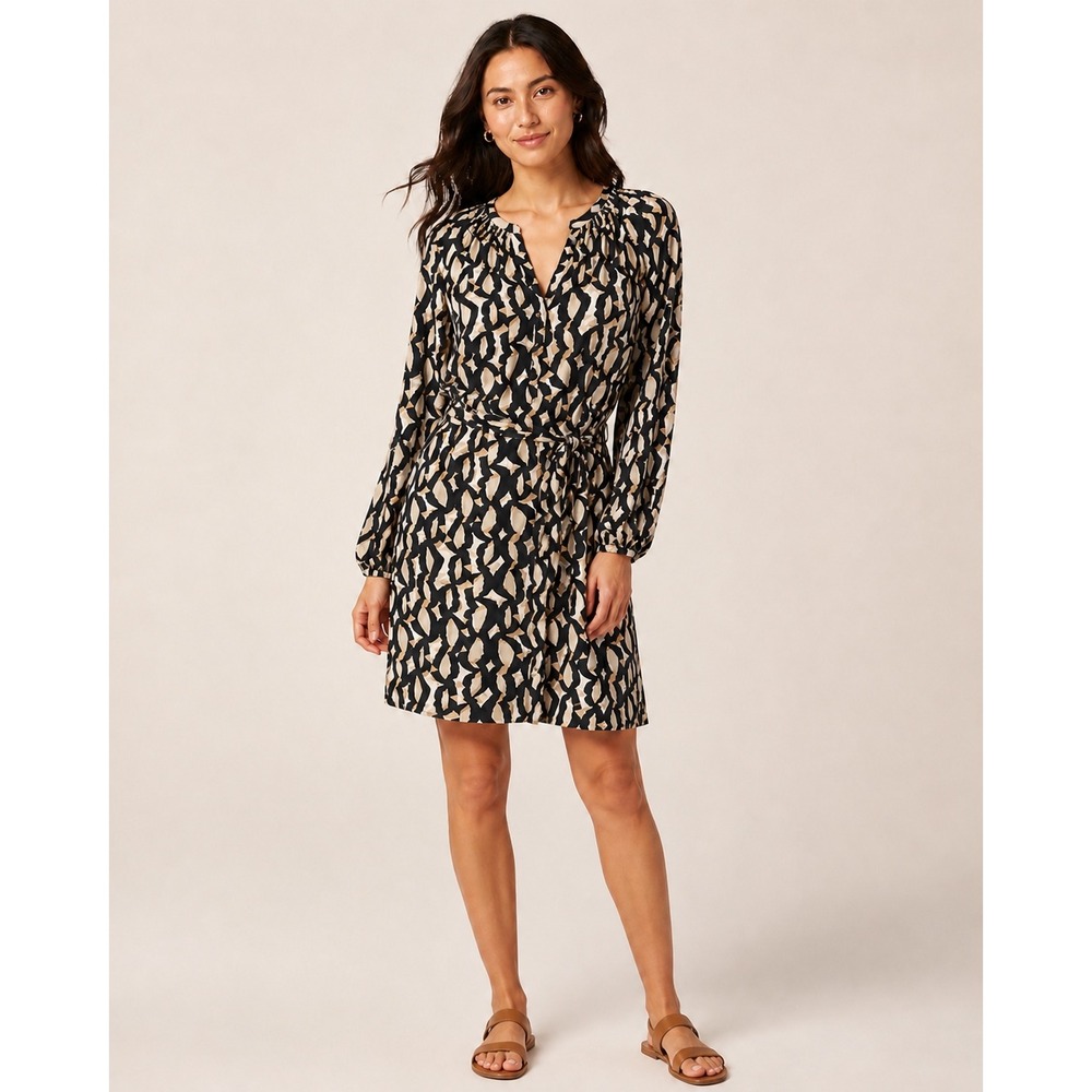 Banana Republic Womens Abstract Print Tie Waist Mini Dress Black Tan 4 Career